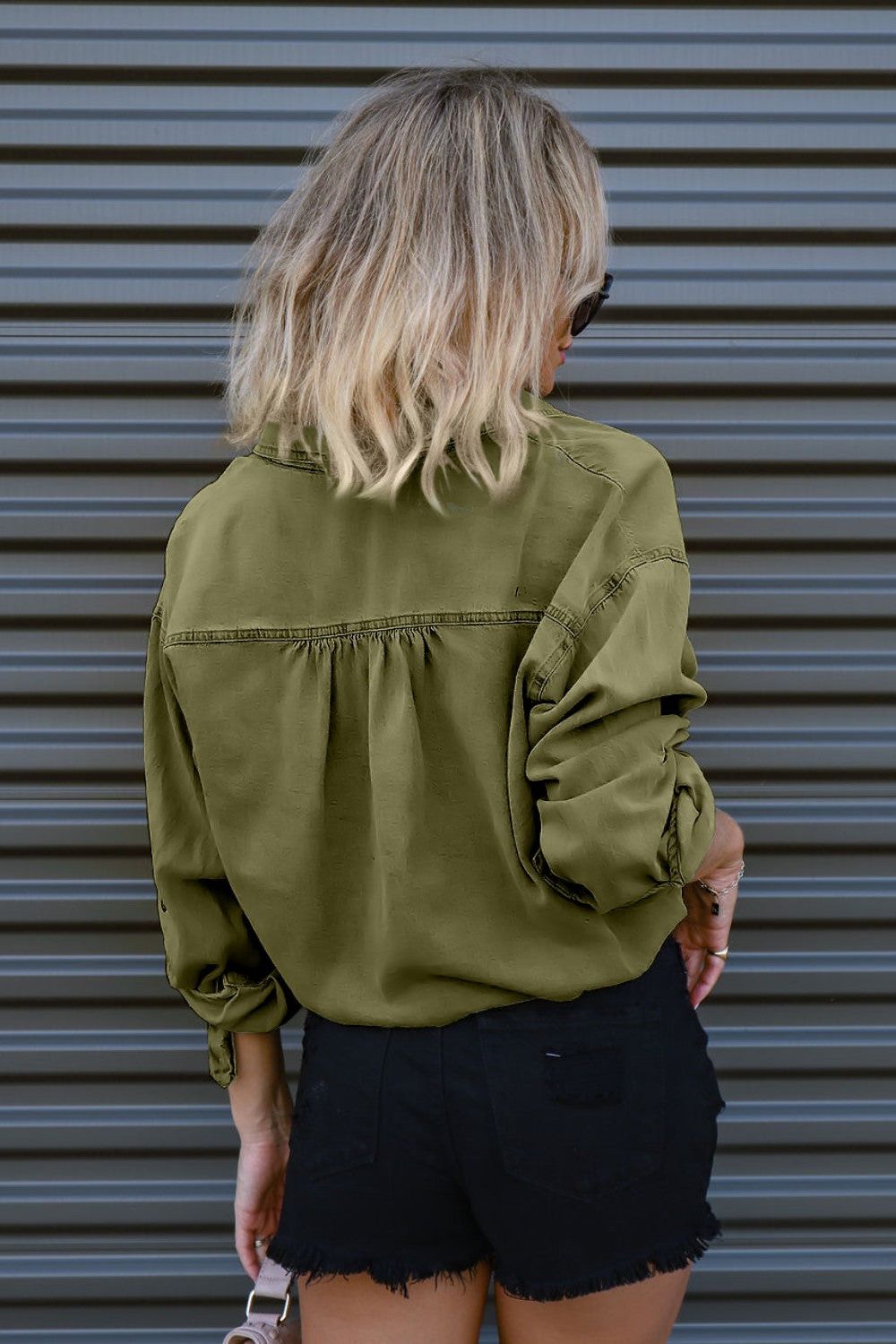 Drawstring Pocketed Button Up Denim Top