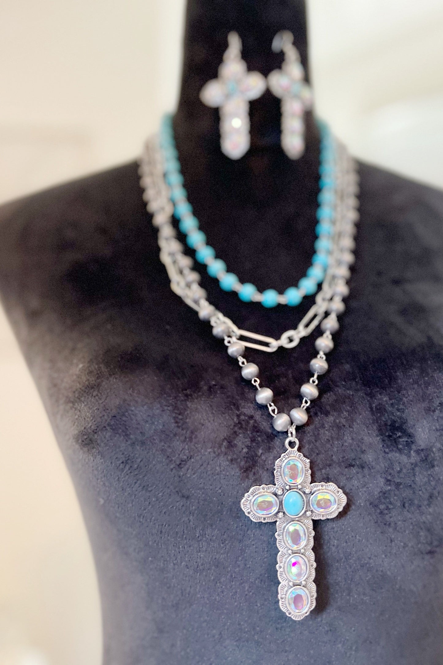 Cross Turquoise Layered Necklace Set