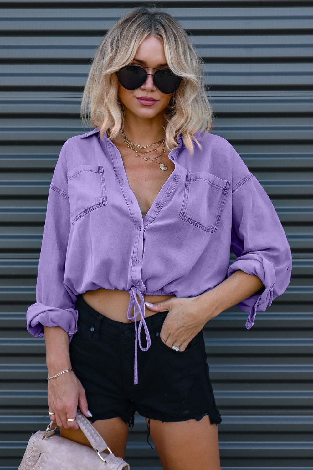 Drawstring Pocketed Button Up Denim Top