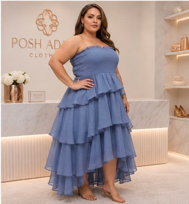 A Vision In Blue Layers: Plus Size Strapless Dress