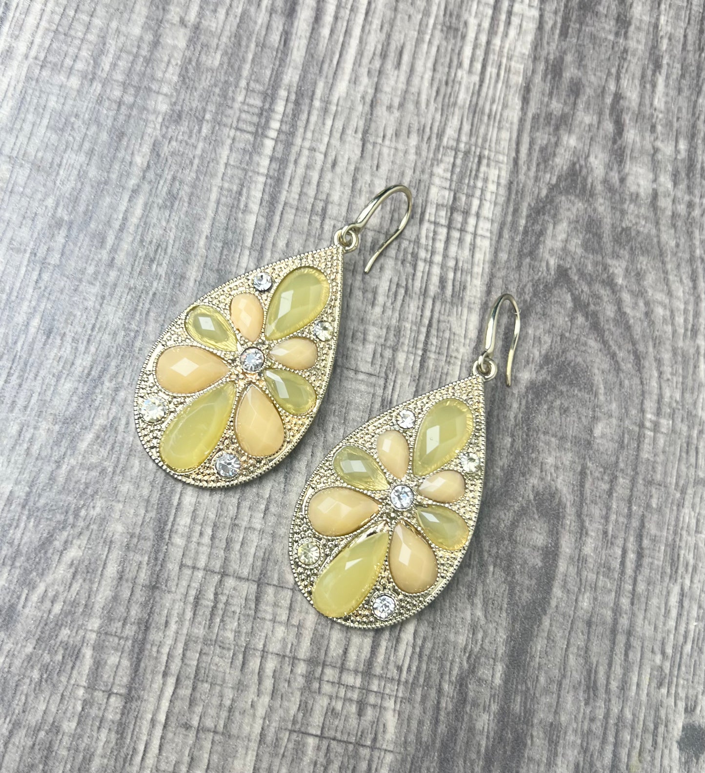 Yellow and Green Flower and Gem Earrings