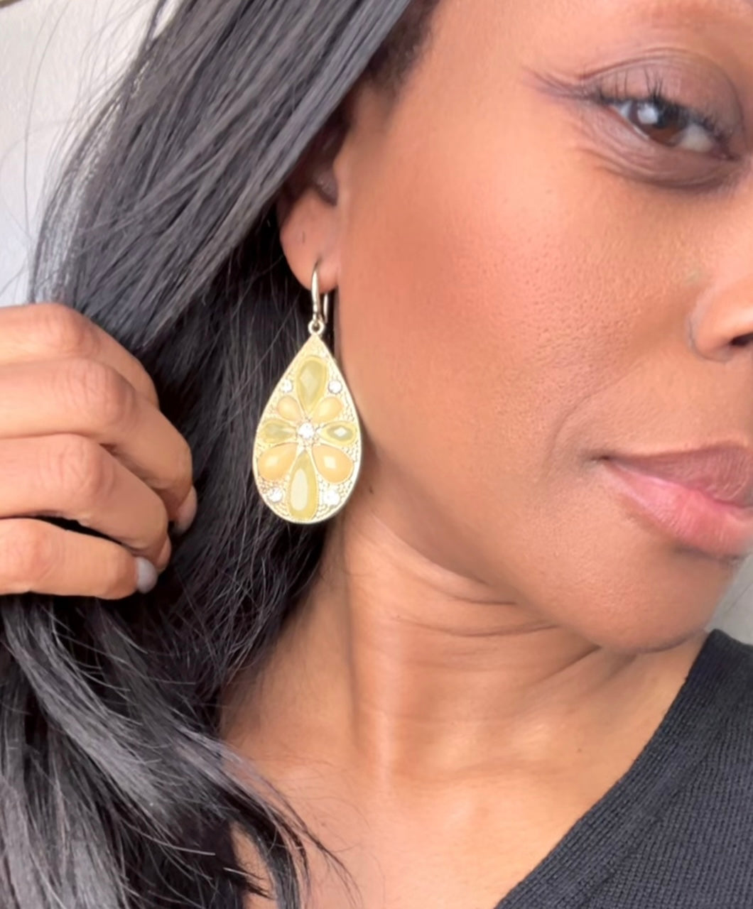Yellow and Green Flower and Gem Earrings