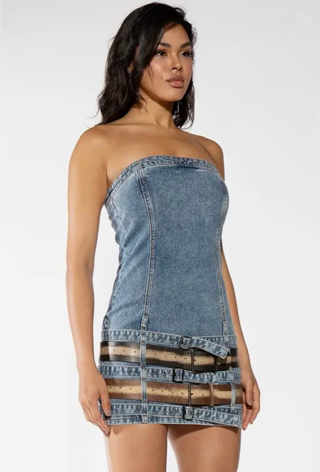 Buckle Up Baby Denim Strapless Dress