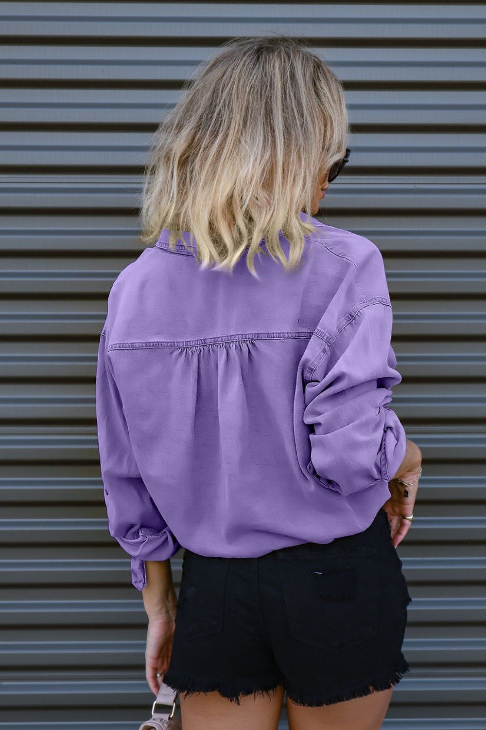 Drawstring Pocketed Button Up Denim Top