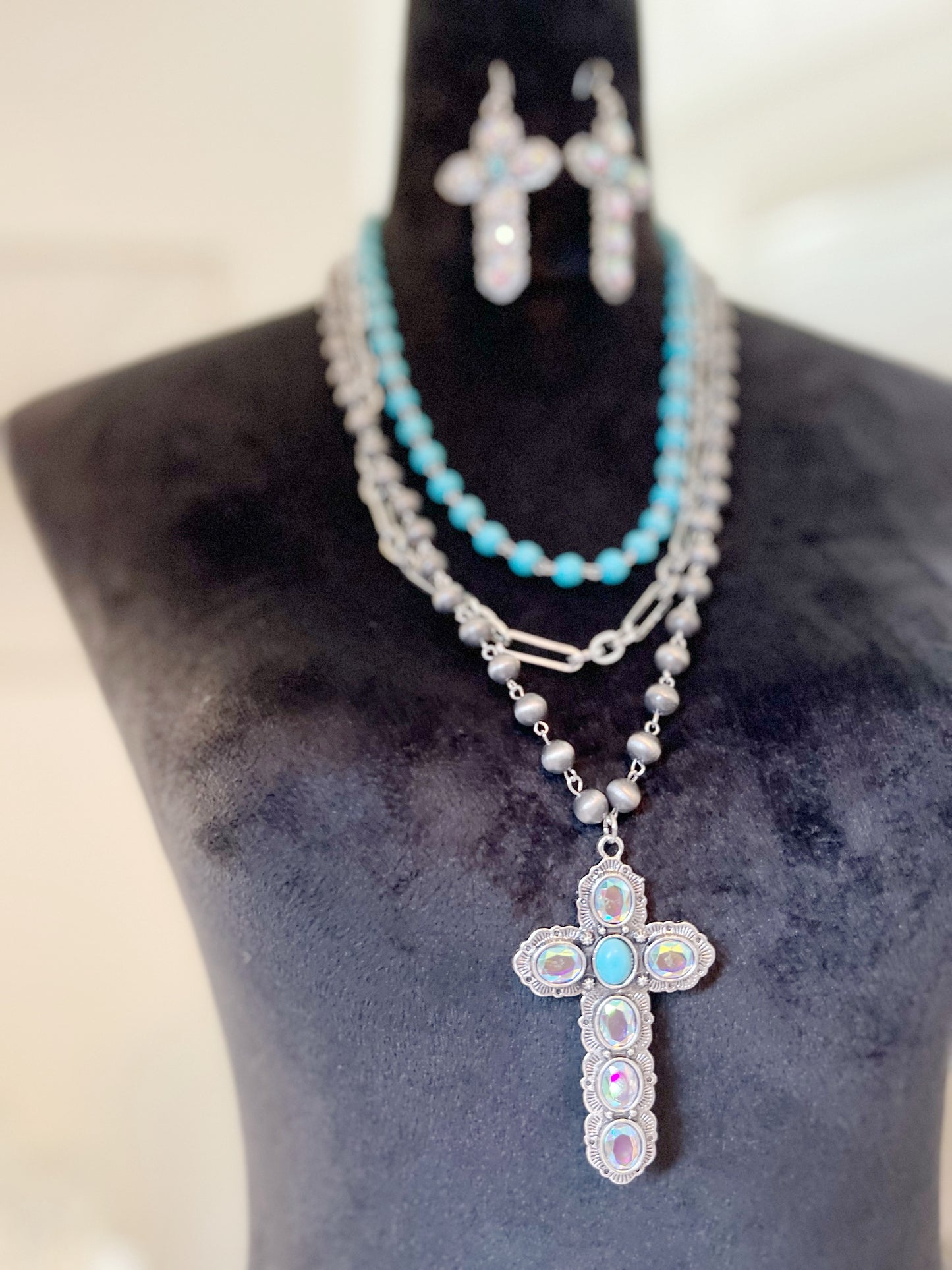 Cross Turquoise Layered Necklace Set