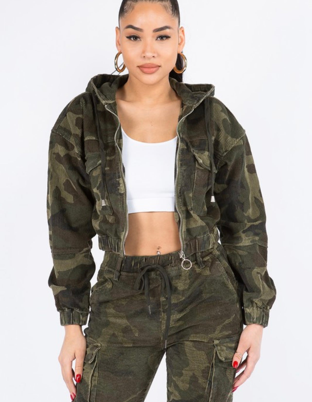 Corduroy & Camo Cropped Hoodie Jacket-PLUS