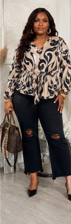 Satin Sillouette Black and Ivory Plus Size Top