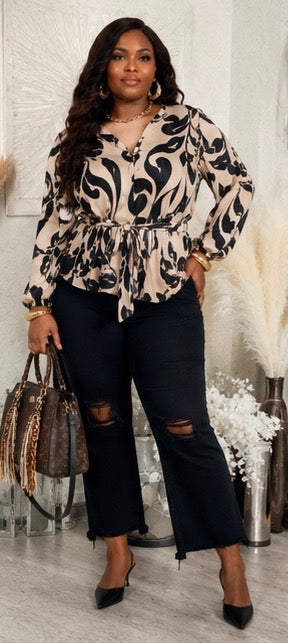 Satin Sillouette Black and Ivory Plus Size Top