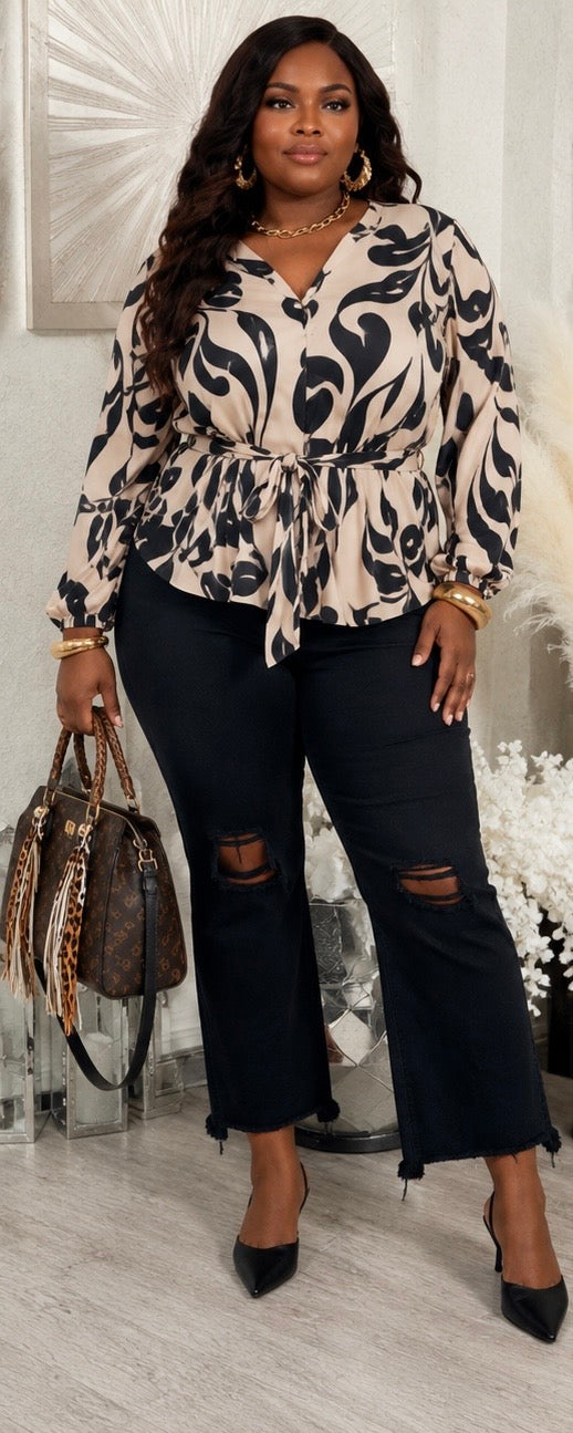 Satin Sillouette Black and Ivory Plus Size Top