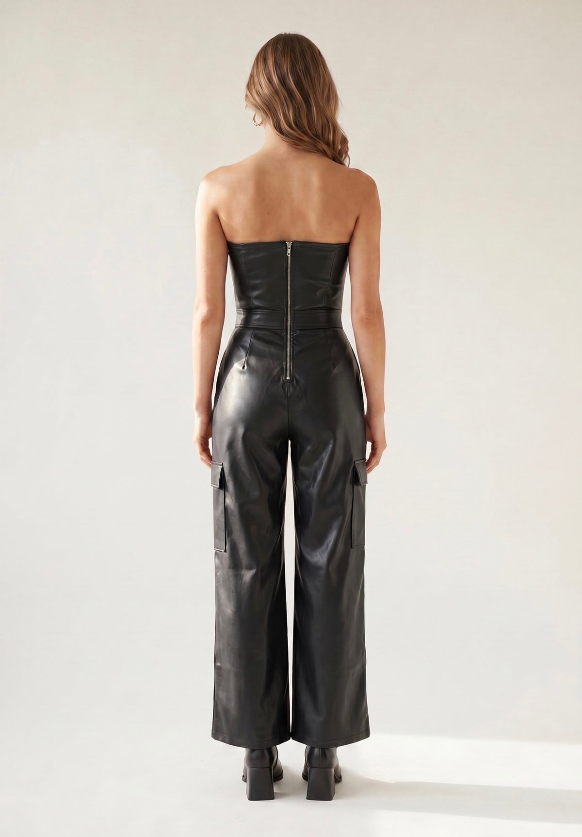 Darkest Night Black Vegan Leather Jumpsuit: Posh Adara