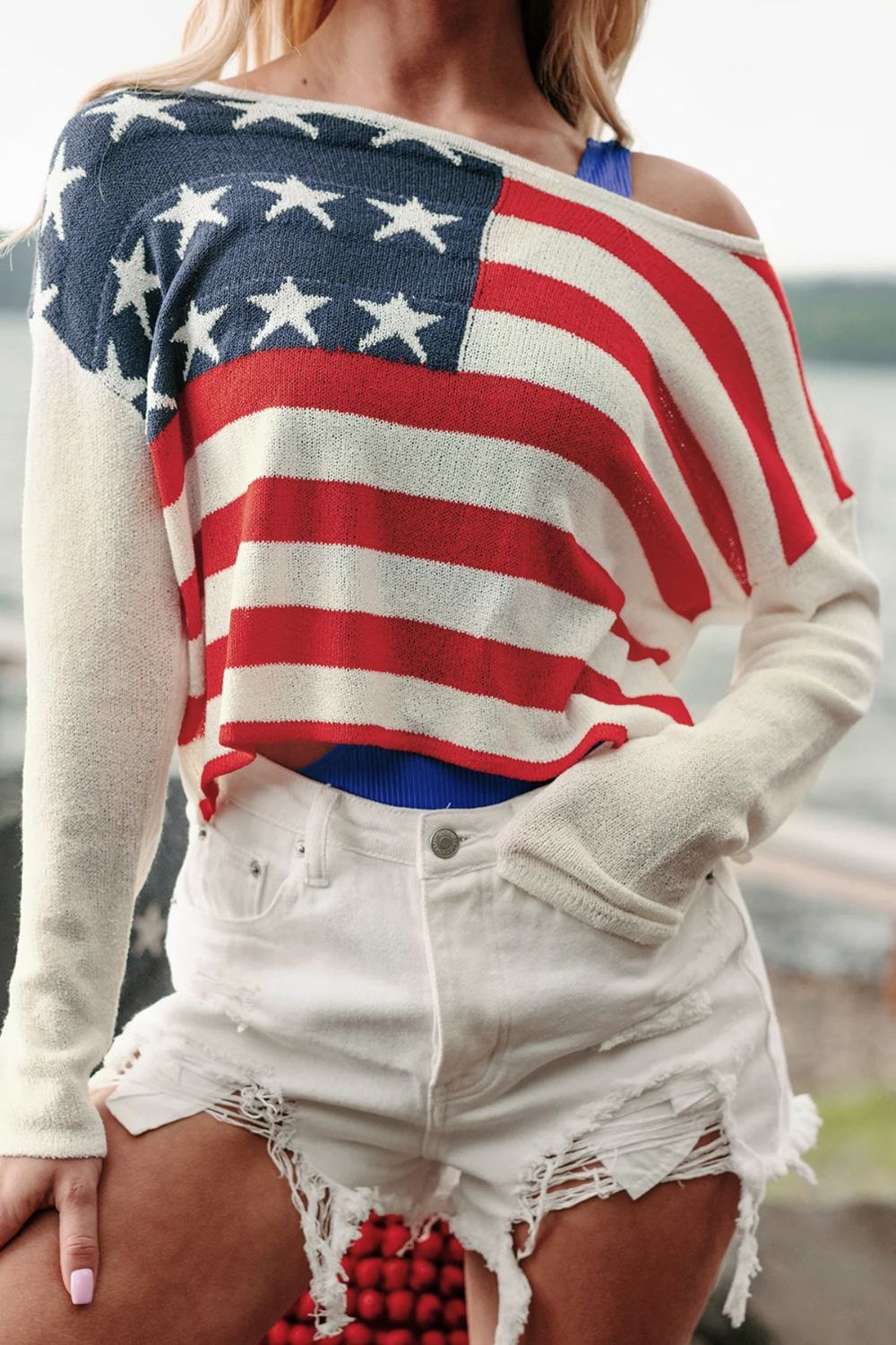 Patriotic Perfee US Flag Boat Neck Long Sleeve Knit Top