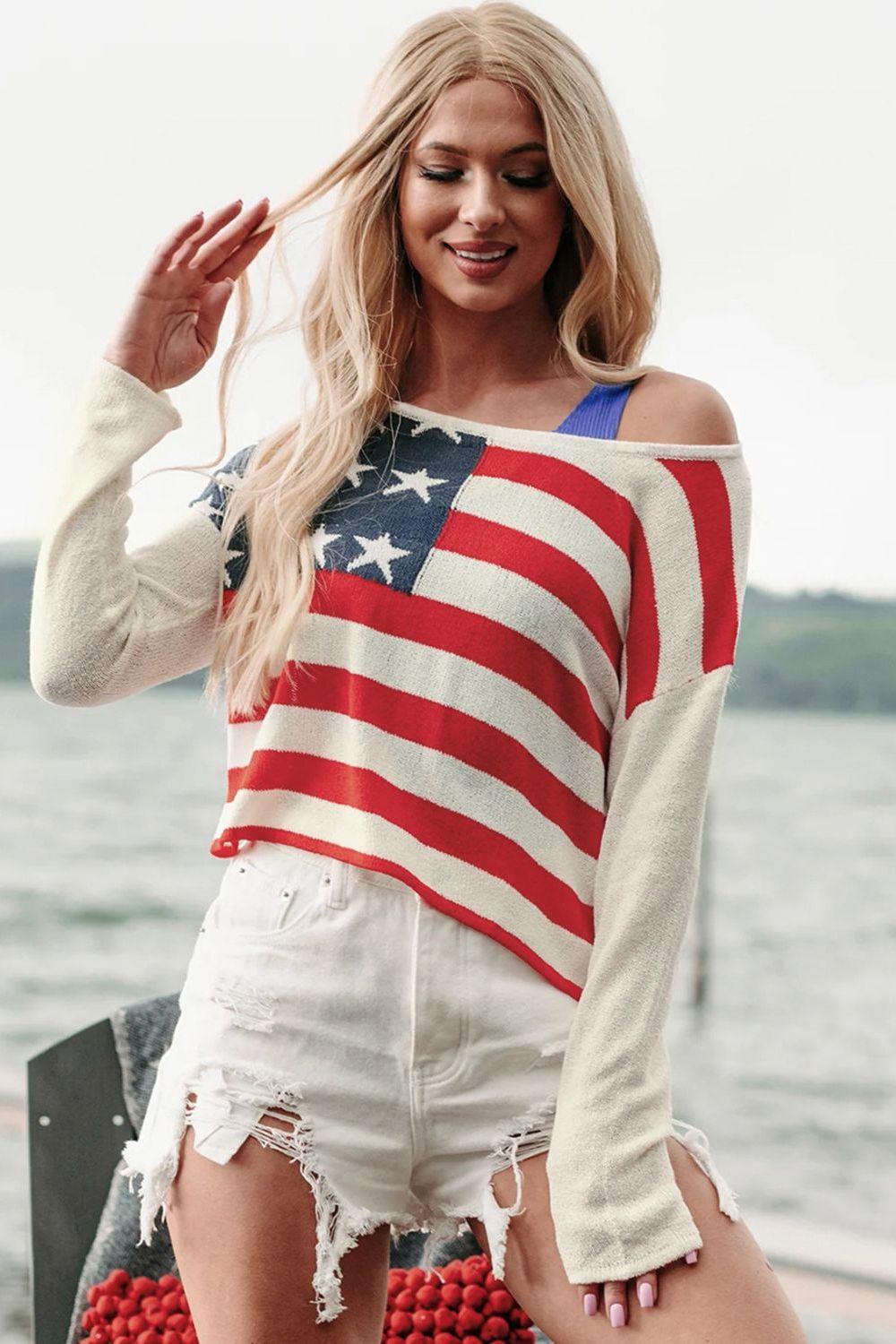 Patriotic Perfee US Flag Boat Neck Long Sleeve Knit Top