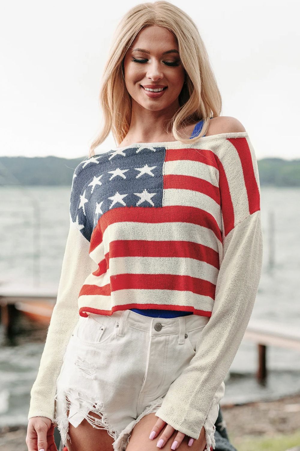 Patriotic Perfee US Flag Boat Neck Long Sleeve Knit Top