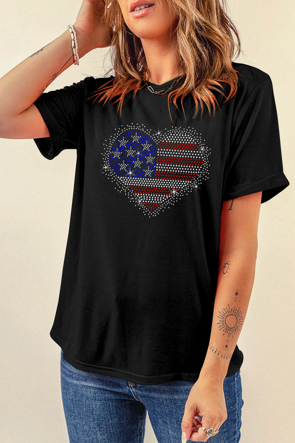 Patriotic Rhinestone Heart Round Neck Short Sleeve T-Shirt P