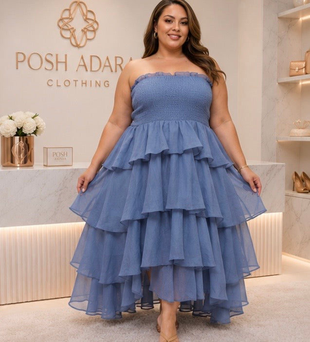 A Vision In Blue Layers: Plus Size Strapless Dress