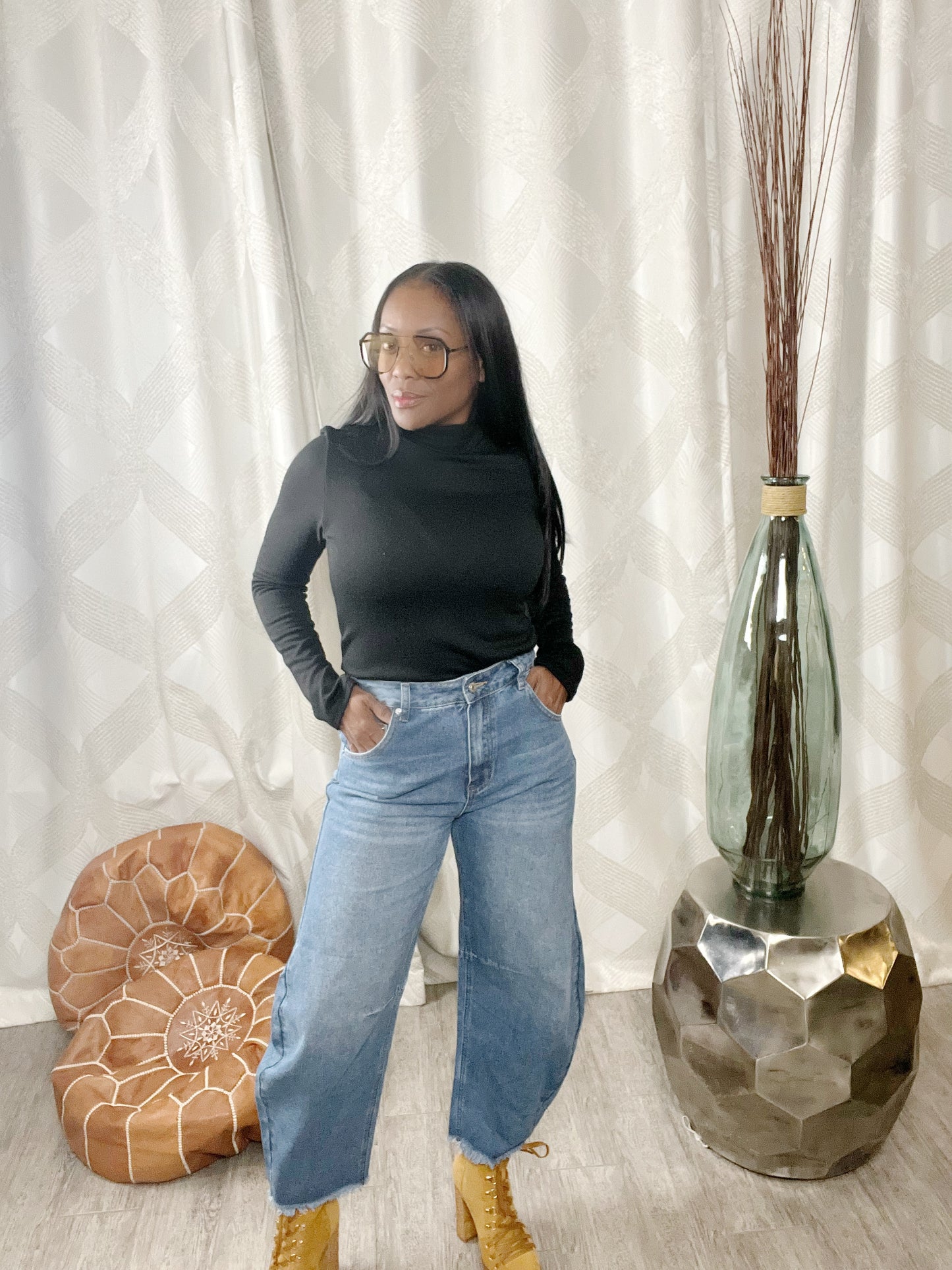 Raw Hem Wide Leg Jeans with Pockets