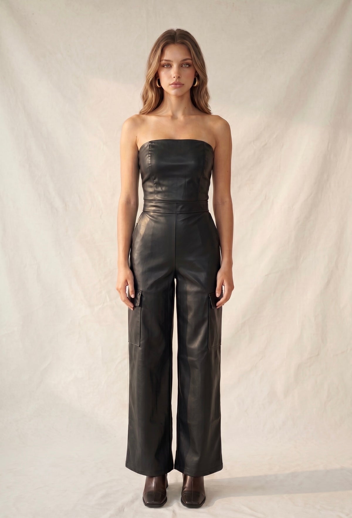 Darkest Night Black Vegan Leather Jumpsuit: Posh Adara
