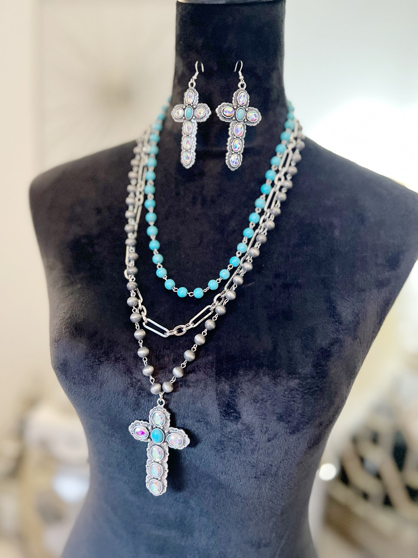 Cross Turquoise Layered Necklace Set