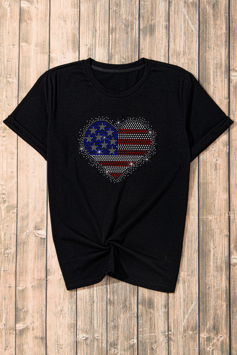 Patriotic Rhinestone Heart Round Neck Short Sleeve T-Shirt P