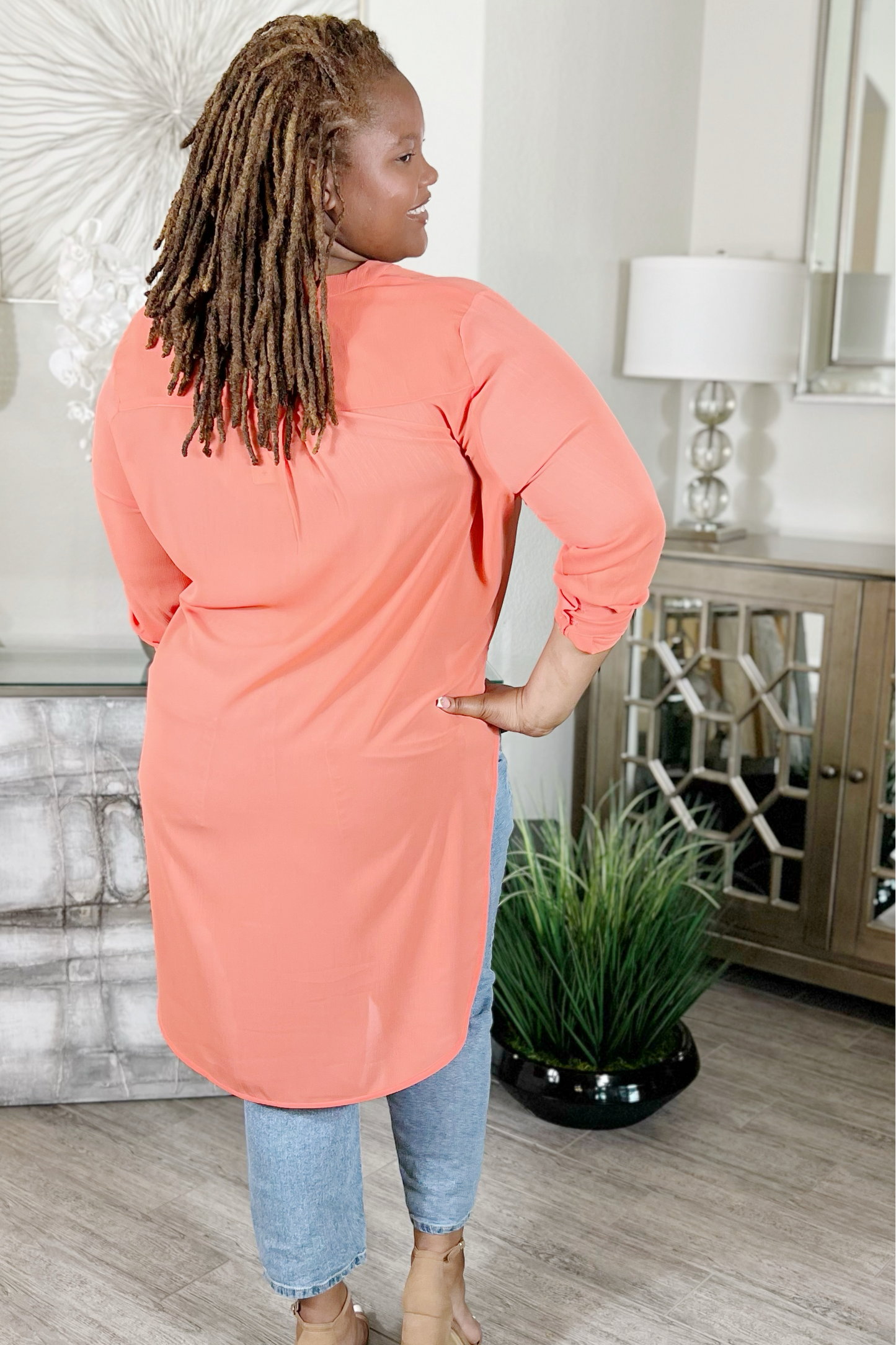 Orange Long Shirt Dress-PLUS