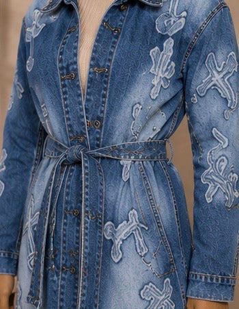 Fall Long Denim Jacket with Distressed Cross Details
