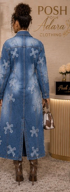 Fall Long Denim Jacket with Distressed Cross Details