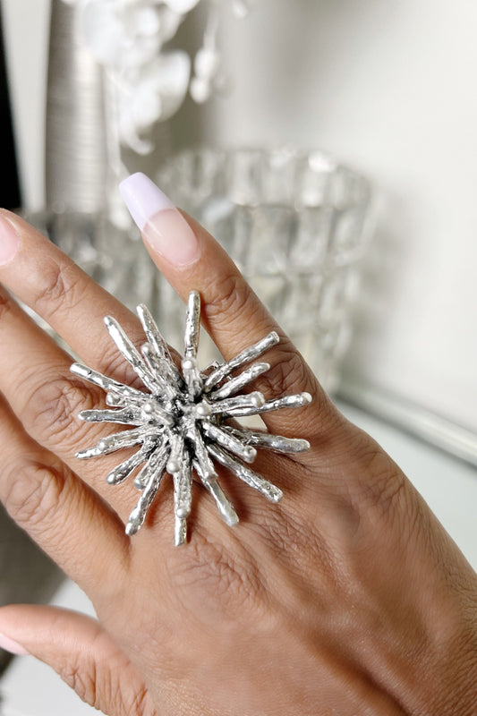 Silver Star-Bursting Ring