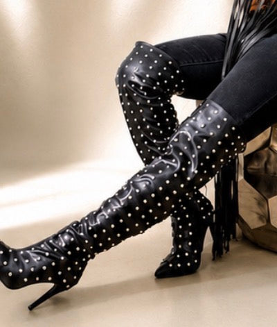 Say It All- Unstoppable Over The Knee Studded Rhinestone Boots