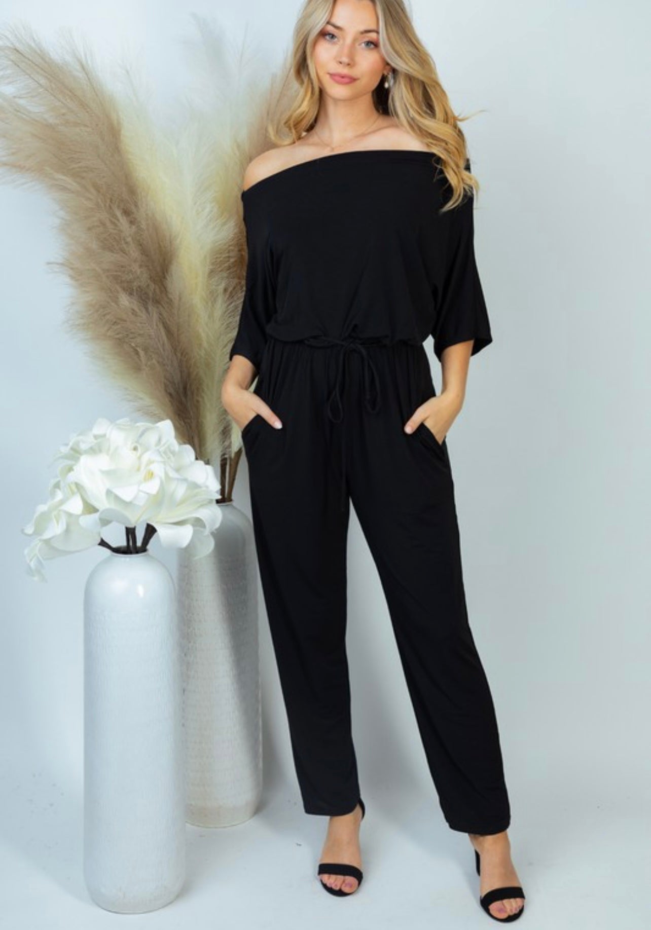 Off The Shoulder Knit Jumpsuit-PLUS