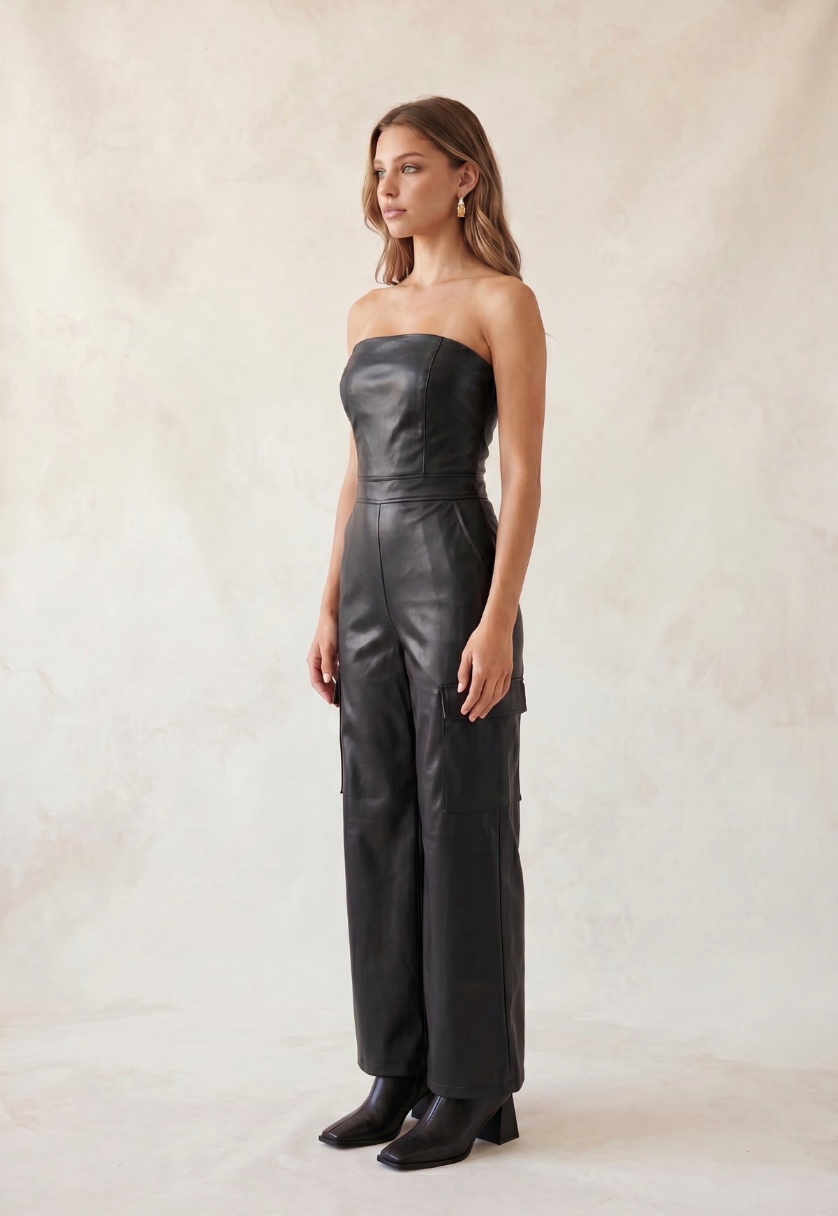 Darkest Night Black Vegan Leather Jumpsuit: Posh Adara