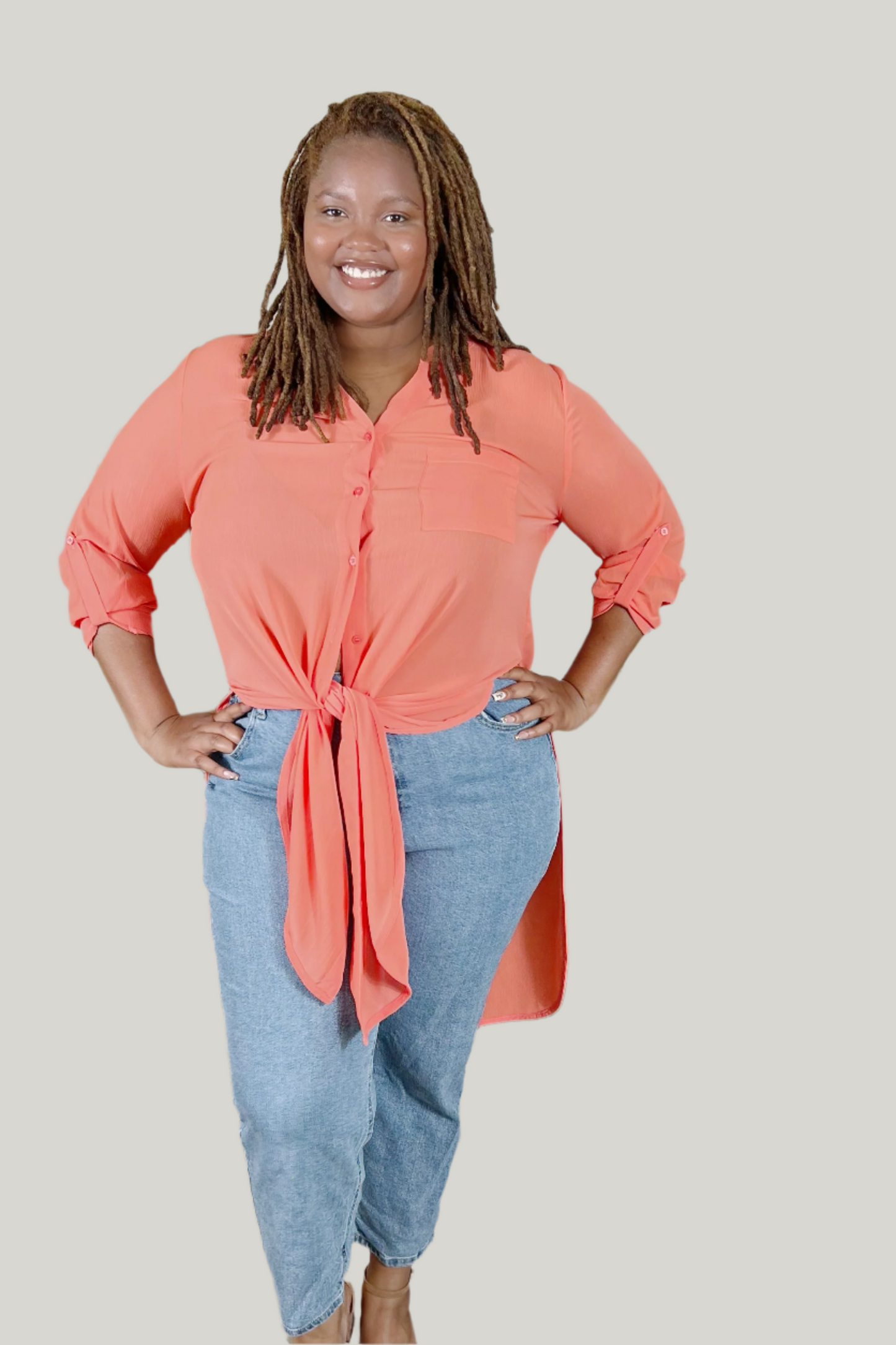 Orange Long Shirt Dress-PLUS