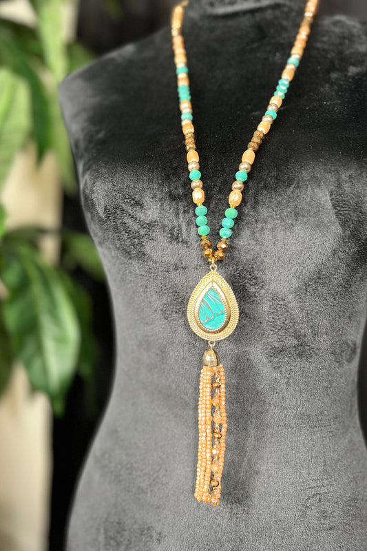 Necklace Teal long w/gold/bling