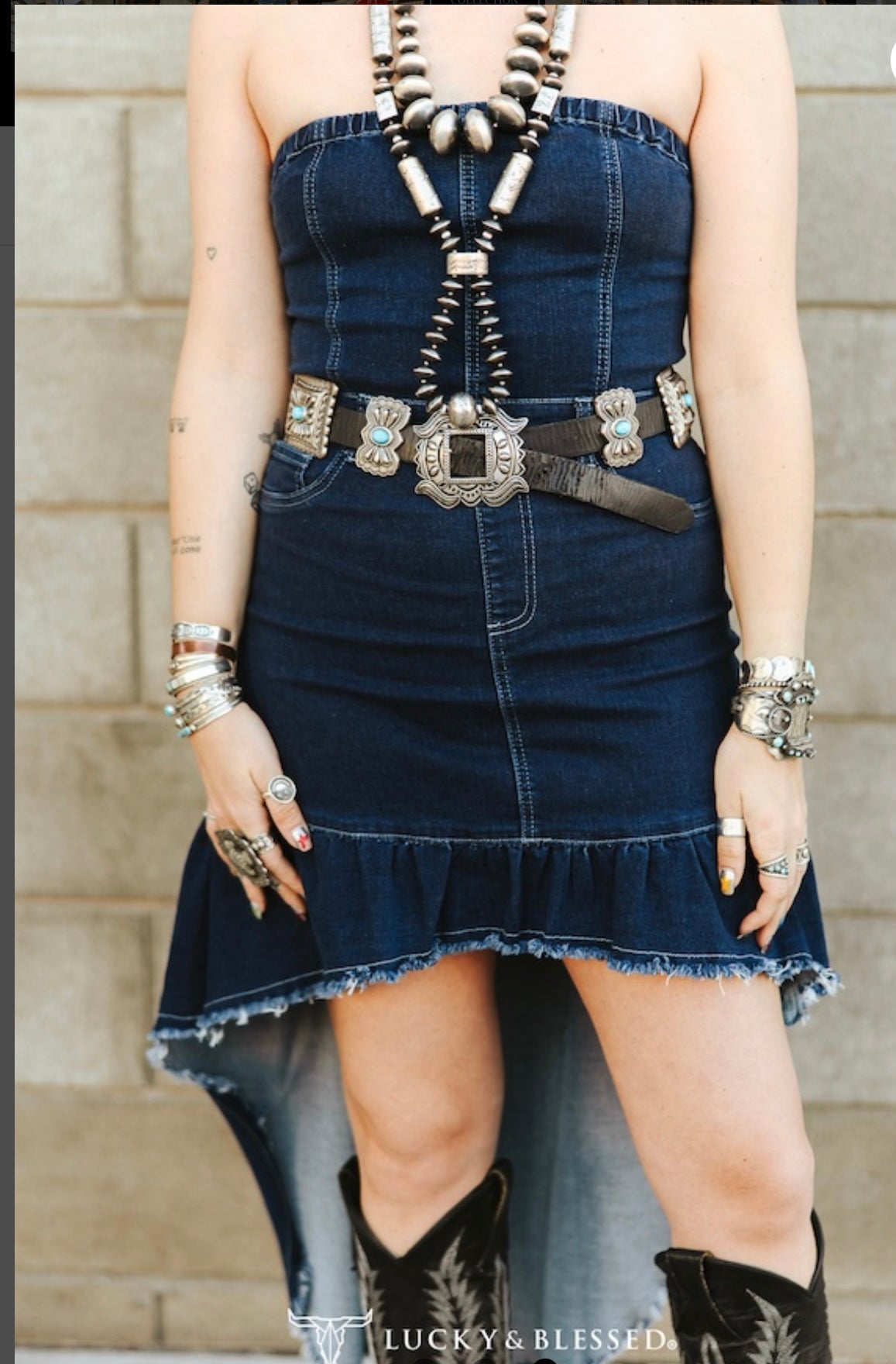 Honey Baby Dark Wash Denim Strapless Hi Low Ruffle Dress