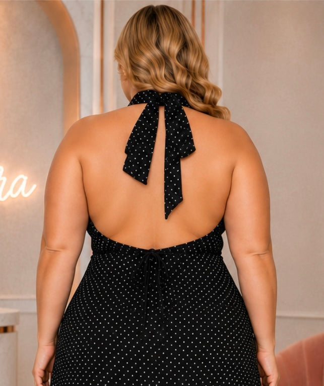 Sunday Picnic On The Lawn Halter Polkadot Dress (Plus)