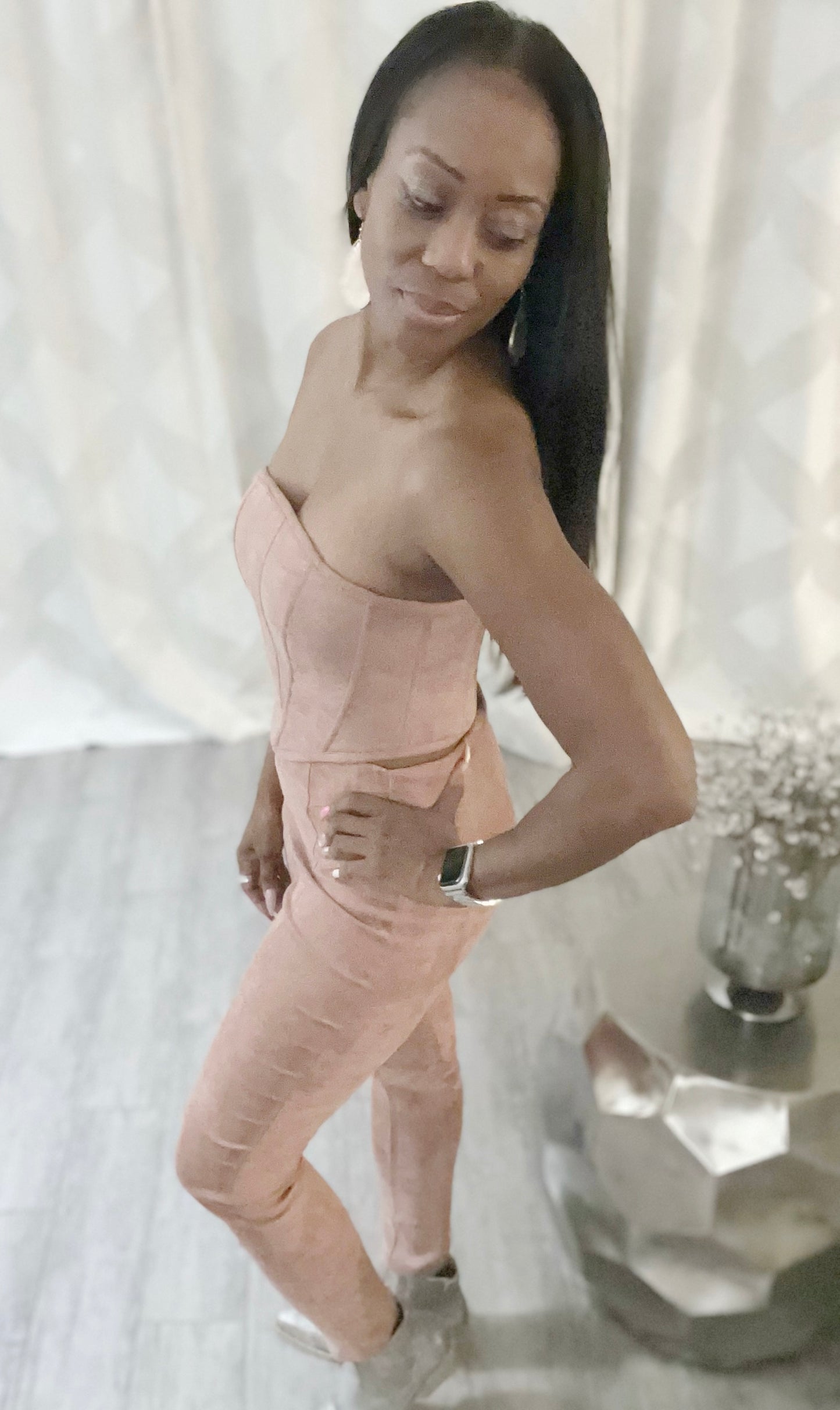 Strawberry Milkshake Vegan Suede Corset Pants Set