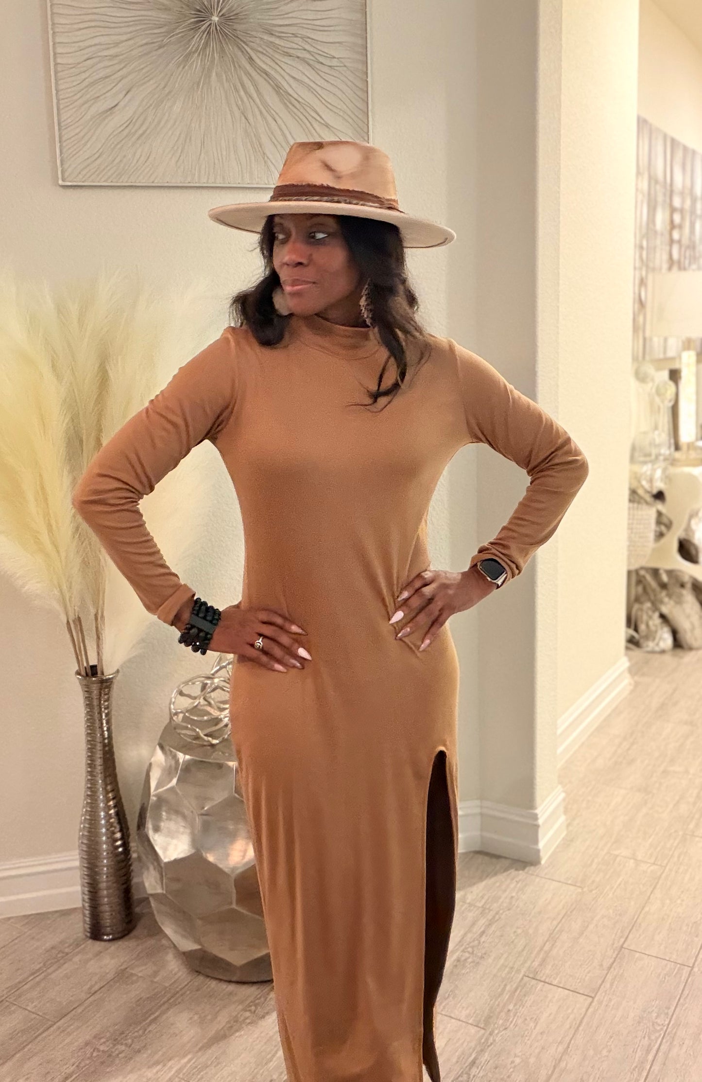 Camel High Split  Dress