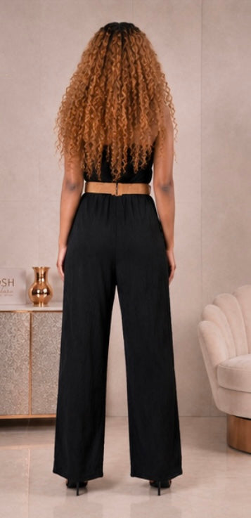 Black Crinkle Finish Belted Strapless Jumpsuit