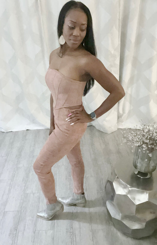 Strawberry Milkshake Vegan Suede Corset Pants Set
