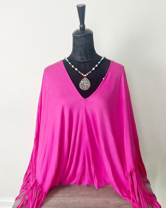 Feisty Fuchsia Fringe Top-Plus