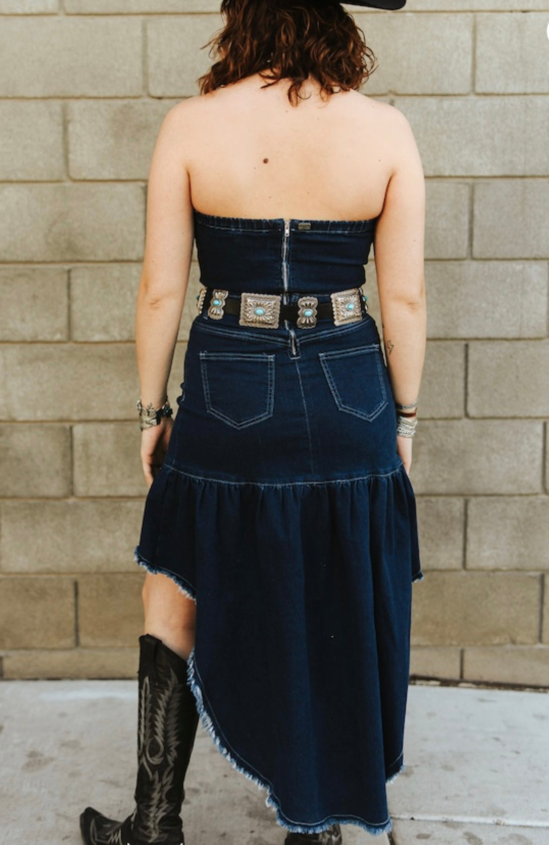 Honey Baby Dark Wash Denim Strapless Hi Low Ruffle Dress