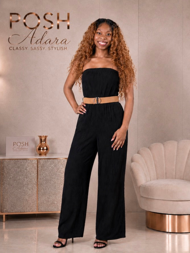 Black Crinkle Finish Belted Strapless Jumpsuit