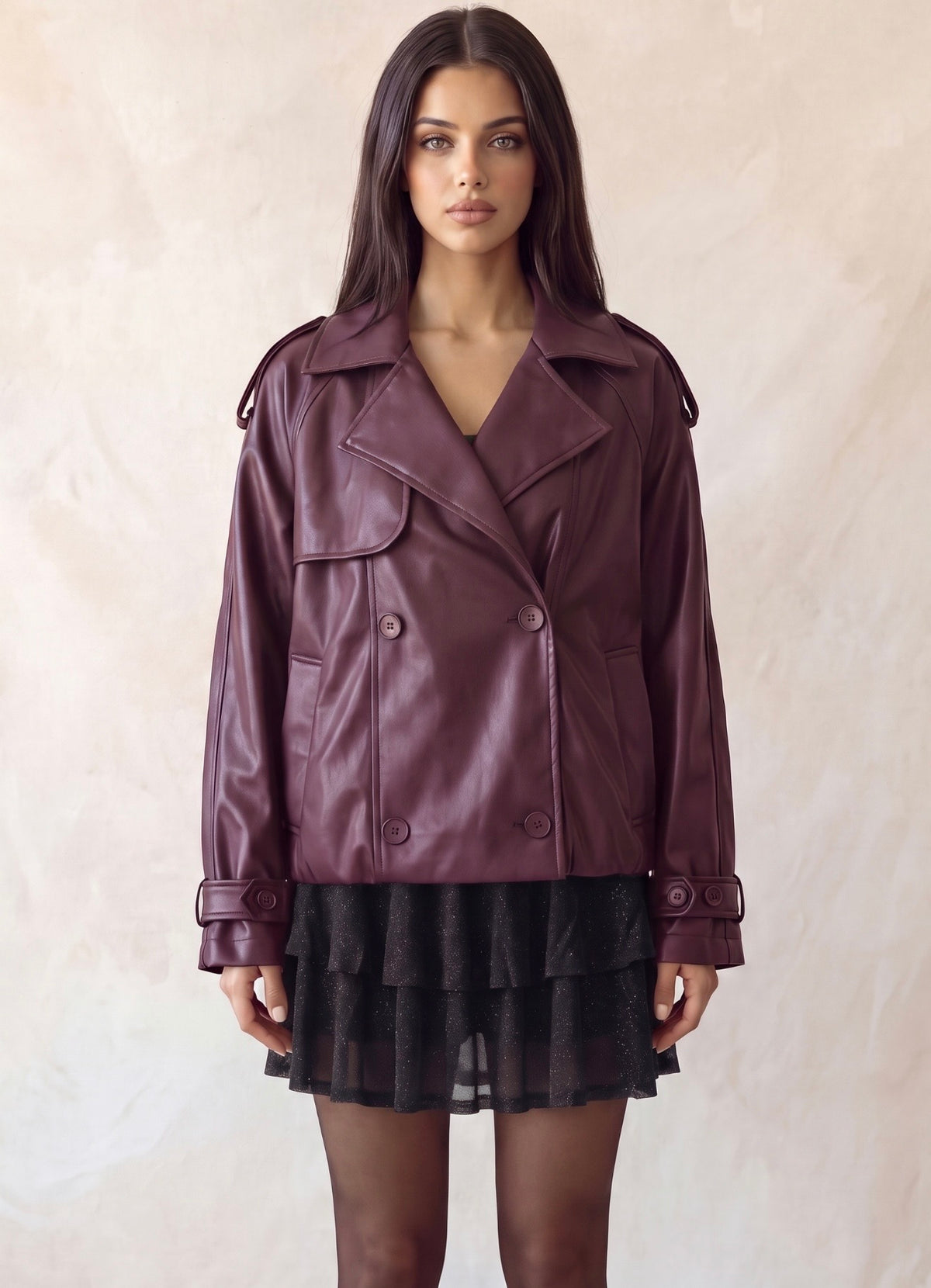 Wine Country faux leather jacket front view with four buttons and adjustable cuff tabs