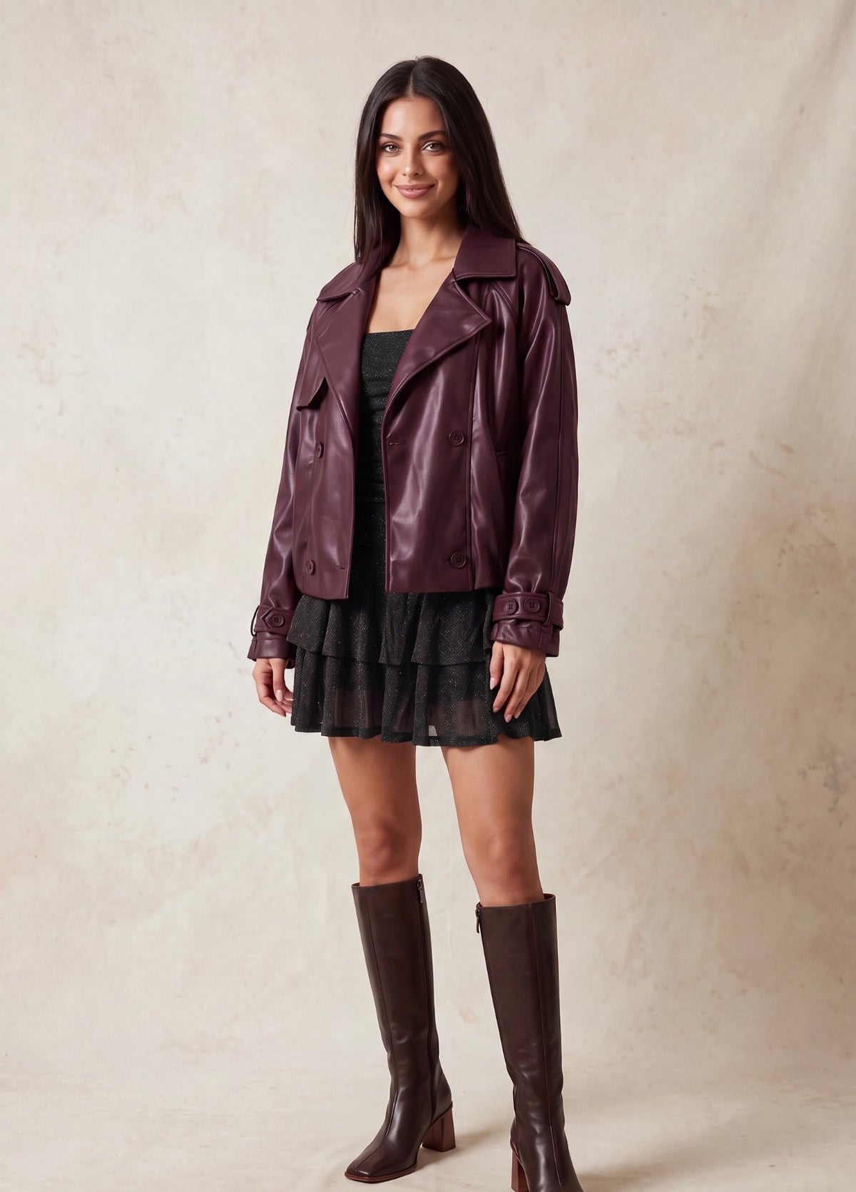 Wine Country wine-colored faux leather jacket with wide lapels and buttoned cuffs