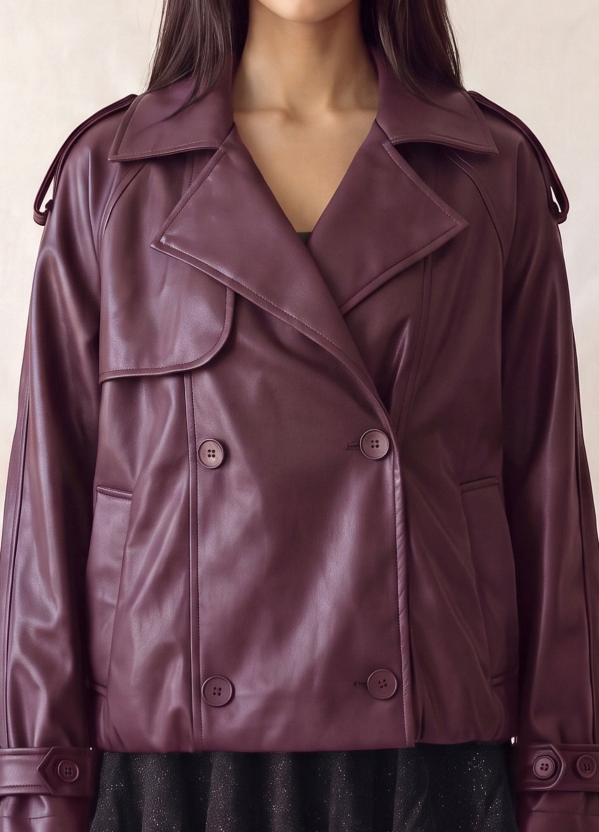 Wine Country faux leather jacket detail with double-breasted buttons and wide lapels
