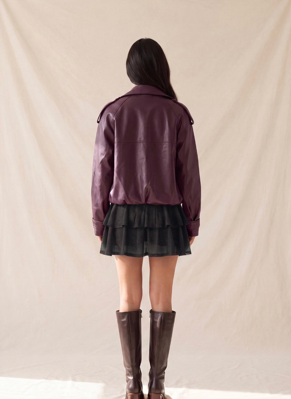 Wine Country faux leather jacket, rear view with cropped hem and shoulder tabs