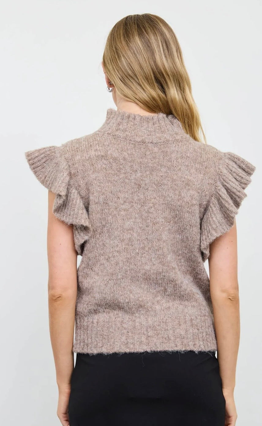 Back of a taupe sweater with a ribbed collar and ruffled cap sleeves