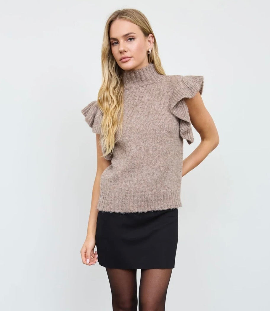 Taupe ruffle-sleeve sweater with a high ribbed neck and fitted hem