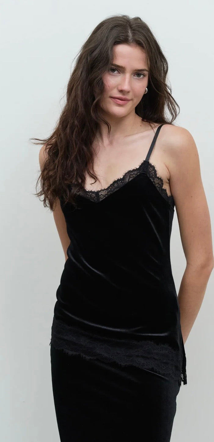 Front view of the black velvet camisole with lace neckline and hem