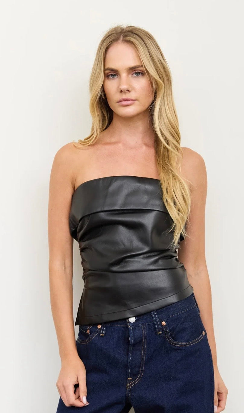 Black faux leather tube top with a straight strapless neckline and ruched front