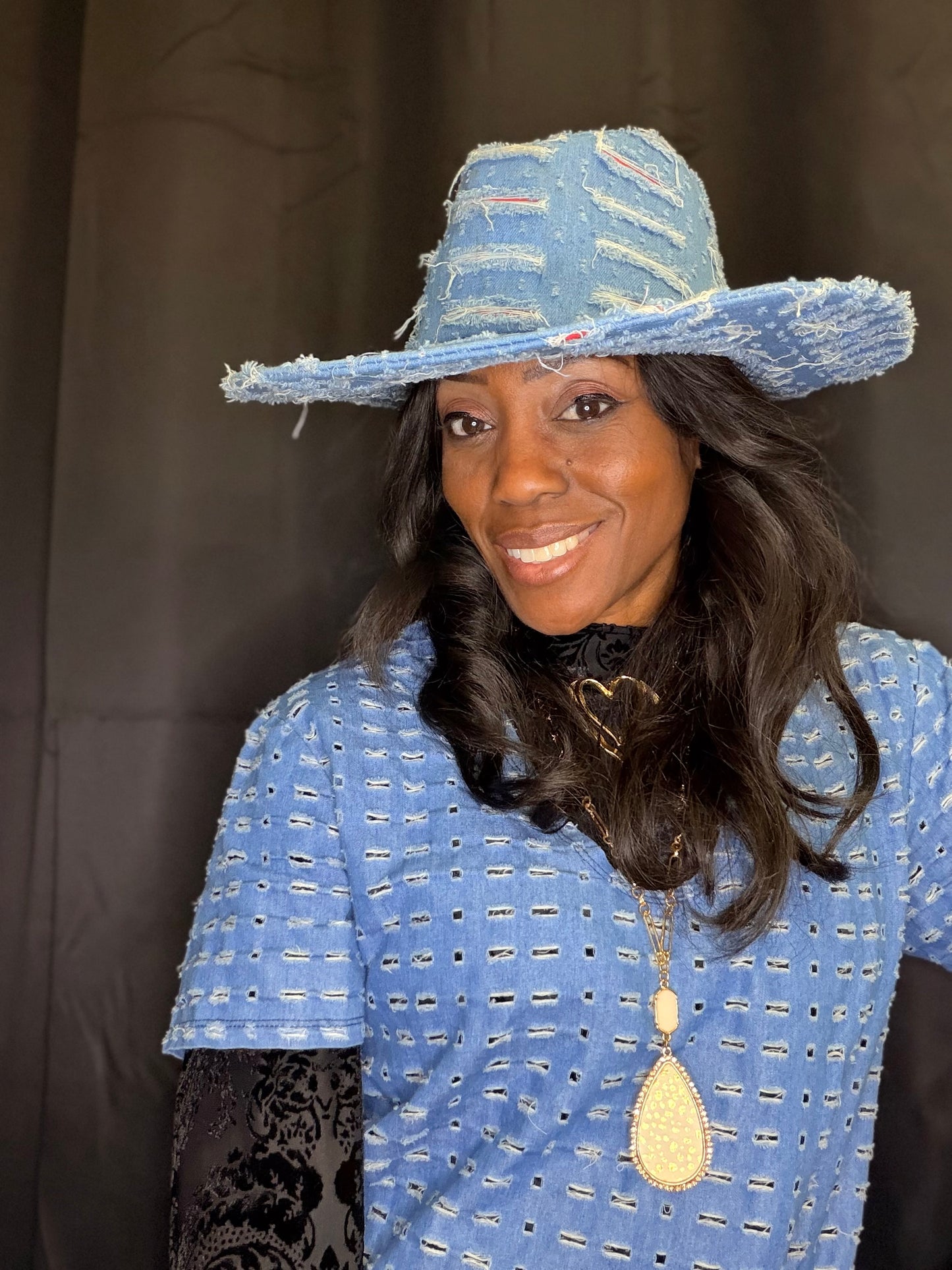 Denim Ripped and Shredded Western Hat
